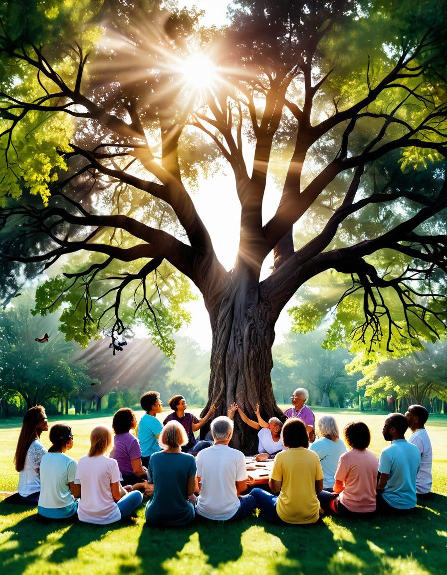 A serene landscape depicting a vibrant support group gathering in a park, with diverse individuals sharing their stories, surrounded by nature and sunlight. Include symbols of strength, such as trees with deep roots, butterflies representing transformation, and hands united in support. The atmosphere should convey warmth, hope, and connection, embodying the journey of resilience after cancer. soft focus. pastel colors. uplifting.
