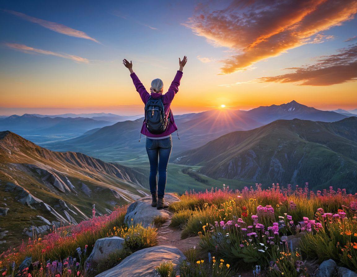 A resilient cancer survivor standing triumphantly on a mountain peak during sunrise, surrounded by vibrant wildflowers symbolizing hope and renewal. In the background, a clear sky represents limitless possibilities while a winding path signifies the journey of survivorship. Soft, warm lighting captures the emotion of empowerment and strength. super-realistic. vibrant colors. warm background.