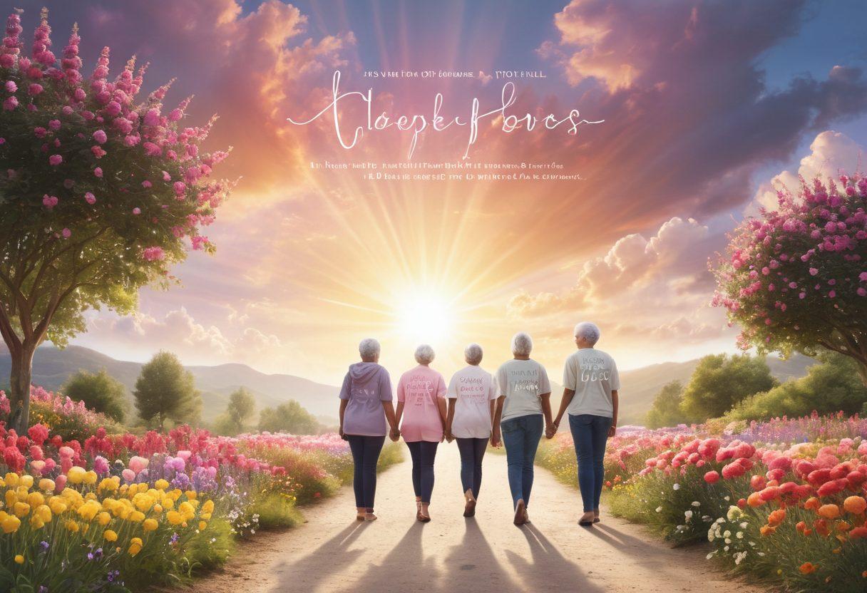 A serene scene depicting a diverse group of cancer survivors confidently standing on a path lined with vibrant flowers, symbolizing hope and resilience. In the background, a bright sun breaks through soft clouds, illustrating a journey of healing and empowerment. A subtle overlay of supportive words like 'Strength', 'Hope', and 'Community' in elegant typography. pastel colors. inspirational. 3D.